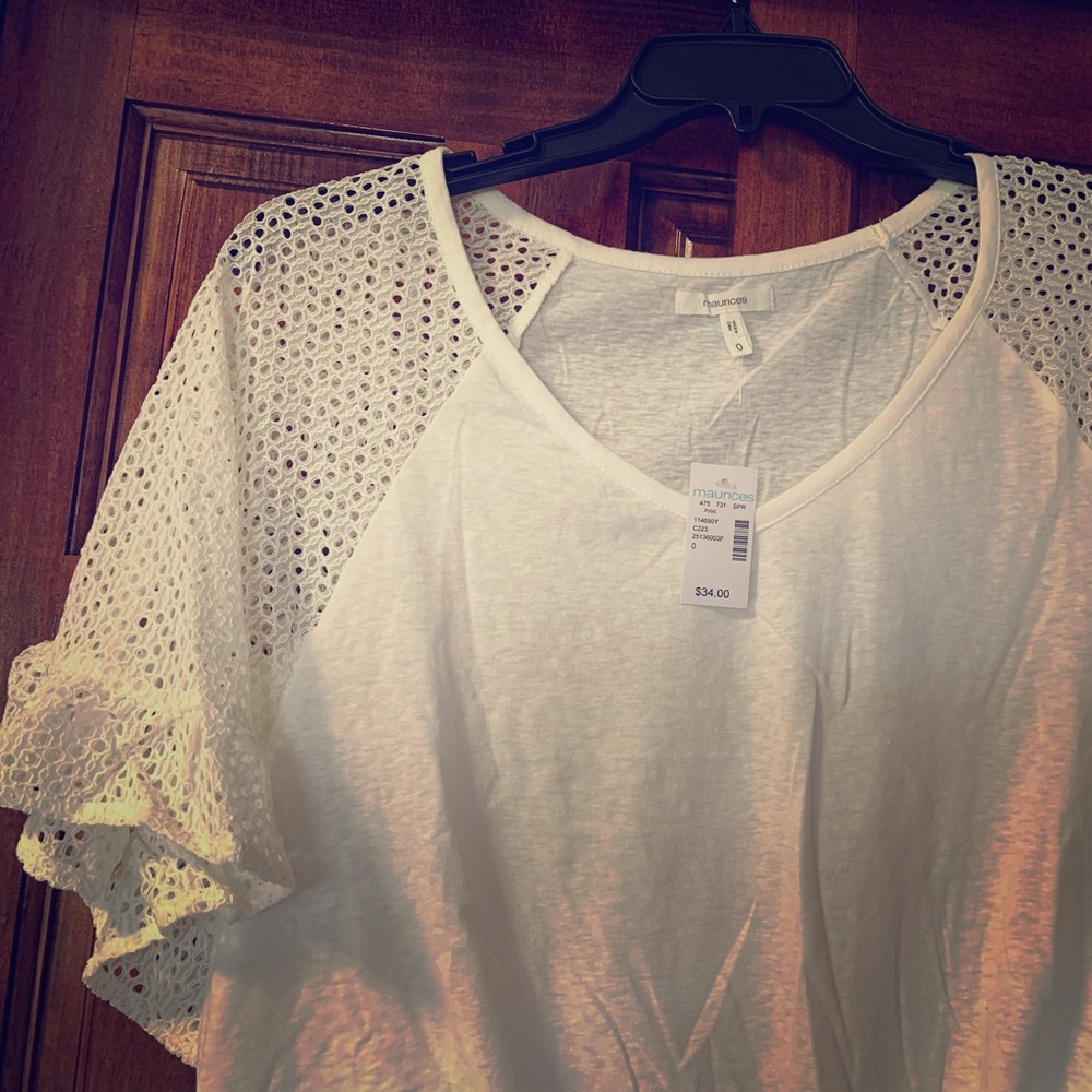 Plus Size White Blouse w/ Tie and Lace Sleeve